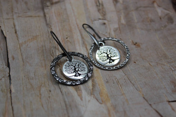 Earrings - Silver Tree of Life with Gunmetal Frame - Strength