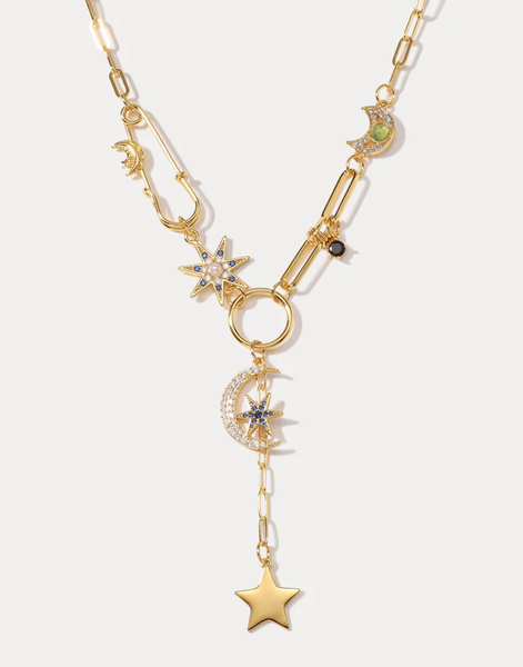 Celestial Collection- Moon and stars PaperClip Necklace: Evil Eye Drop