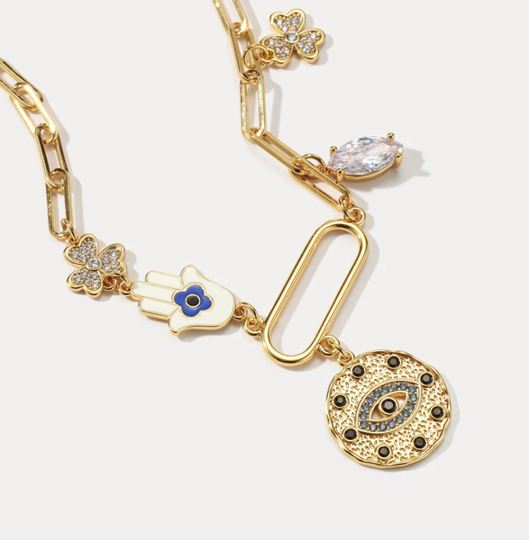 Celestial Collection- Moon and stars PaperClip Necklace: Evil Eye Drop