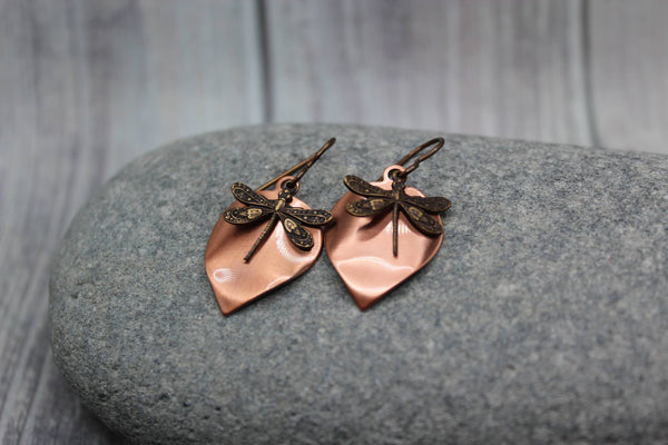 Earrings - Antiqued Copper Reverse Teardrop - with Dragonfly