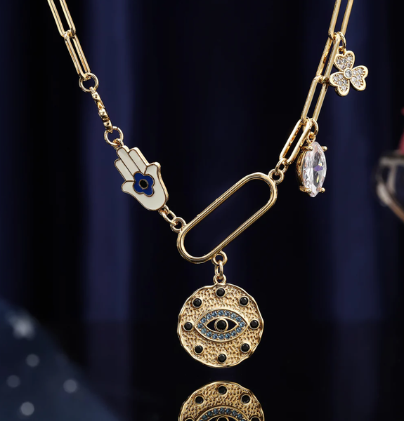 Celestial Collection- Moon and stars PaperClip Necklace: Evil Eye Drop