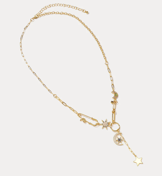 Celestial Collection- Moon and stars PaperClip Necklace: Evil Eye Drop