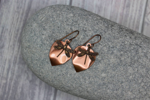 Earrings - Antiqued Copper Reverse Teardrop - with Dragonfly