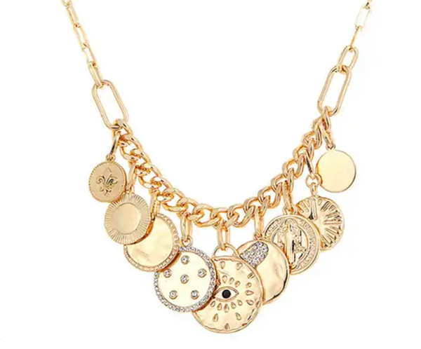 Celestial Collection- Moon and stars PaperClip Necklace: Evil Eye Drop