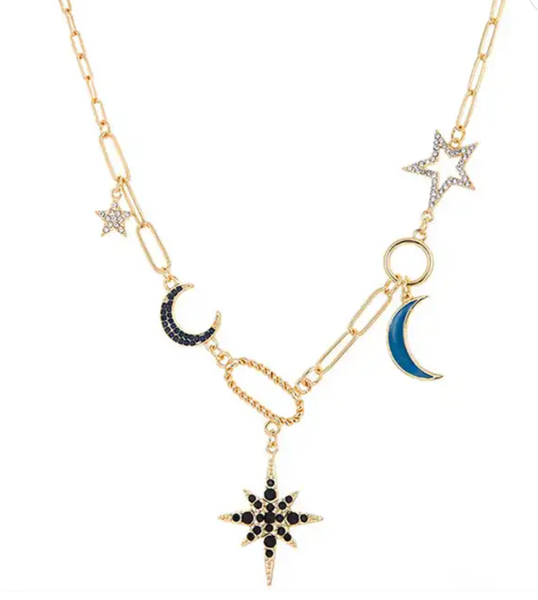 Celestial Collection- Moon and stars PaperClip Necklace: Evil Eye Drop