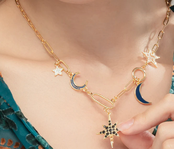 Celestial Collection- Moon and stars PaperClip Necklace: Evil Eye Drop