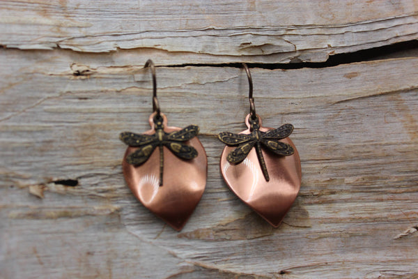 Earrings - Antiqued Copper Reverse Teardrop - with Dragonfly