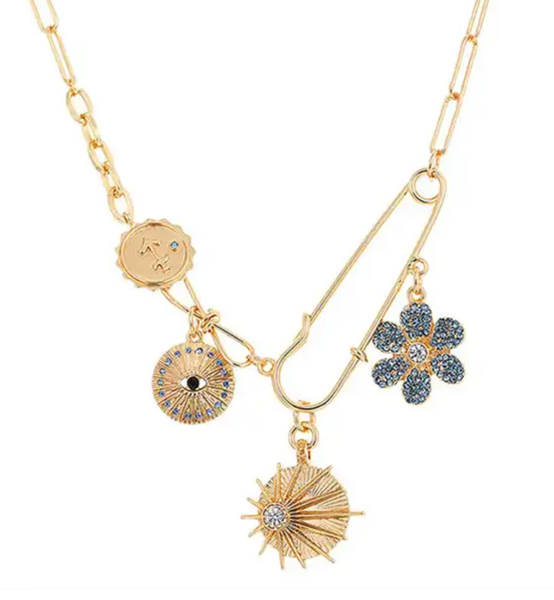 Celestial Collection- Moon and stars PaperClip Necklace: Evil Eye Drop