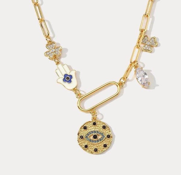 Celestial Collection- Moon and stars PaperClip Necklace: Evil Eye Drop