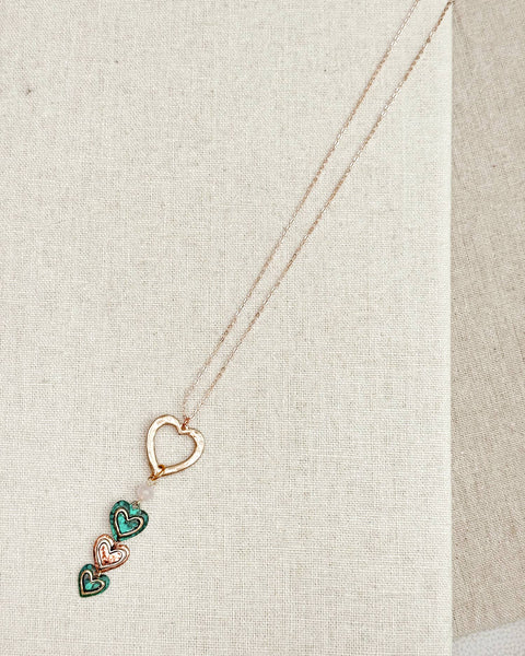 Romantic Love Hearts Patina Mix Rose Quartz Long Necklace
