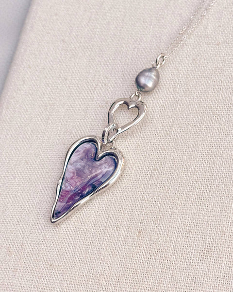 Silver Double-Side Heart Necklace – Freshwater Pearl & Resin