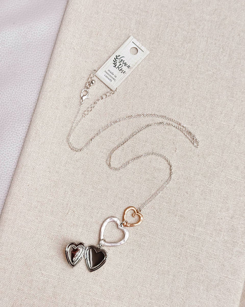 Two Tone Triple Heart Locket Pendant Layering Necklace
