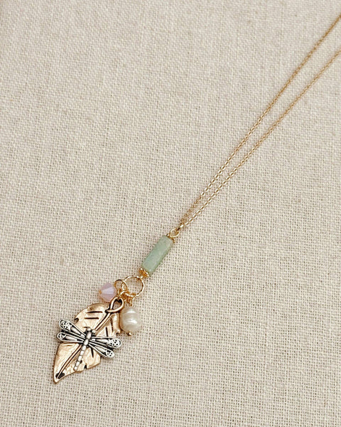 Gold Dragonfly Amazonite & Crystal Pendant Necklace