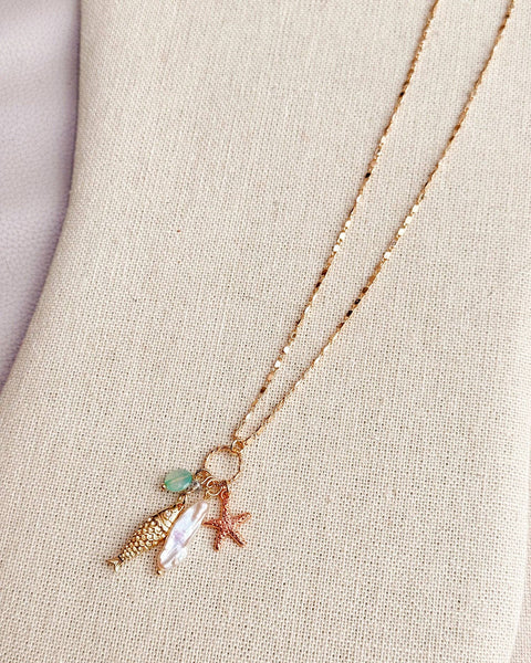 Fish Charm Necklace Keshi Pearl Chalcedony Gold