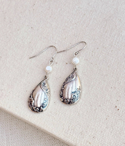 Silver Ornate Teardrop Earrings with Freshwater Pearl