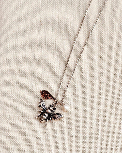 Antique Silver Bee Necklace Pearl Leaf Charm
