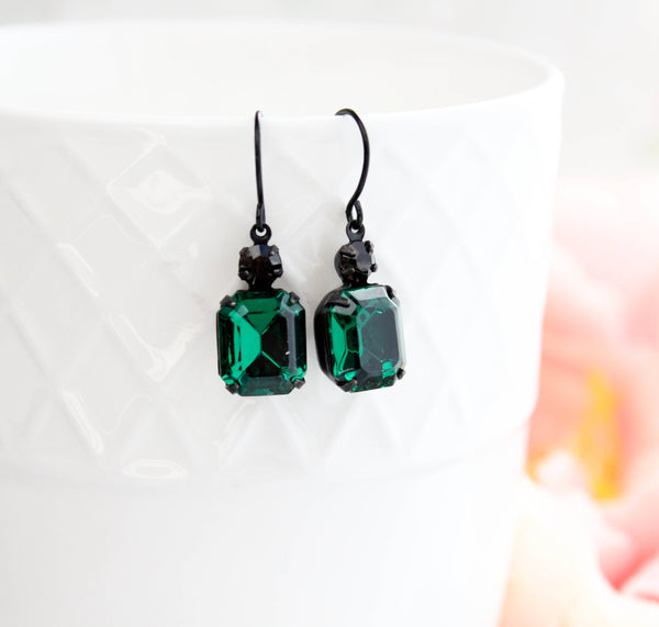 Earrings - Vintage Glass Jewels - Emerald  Green