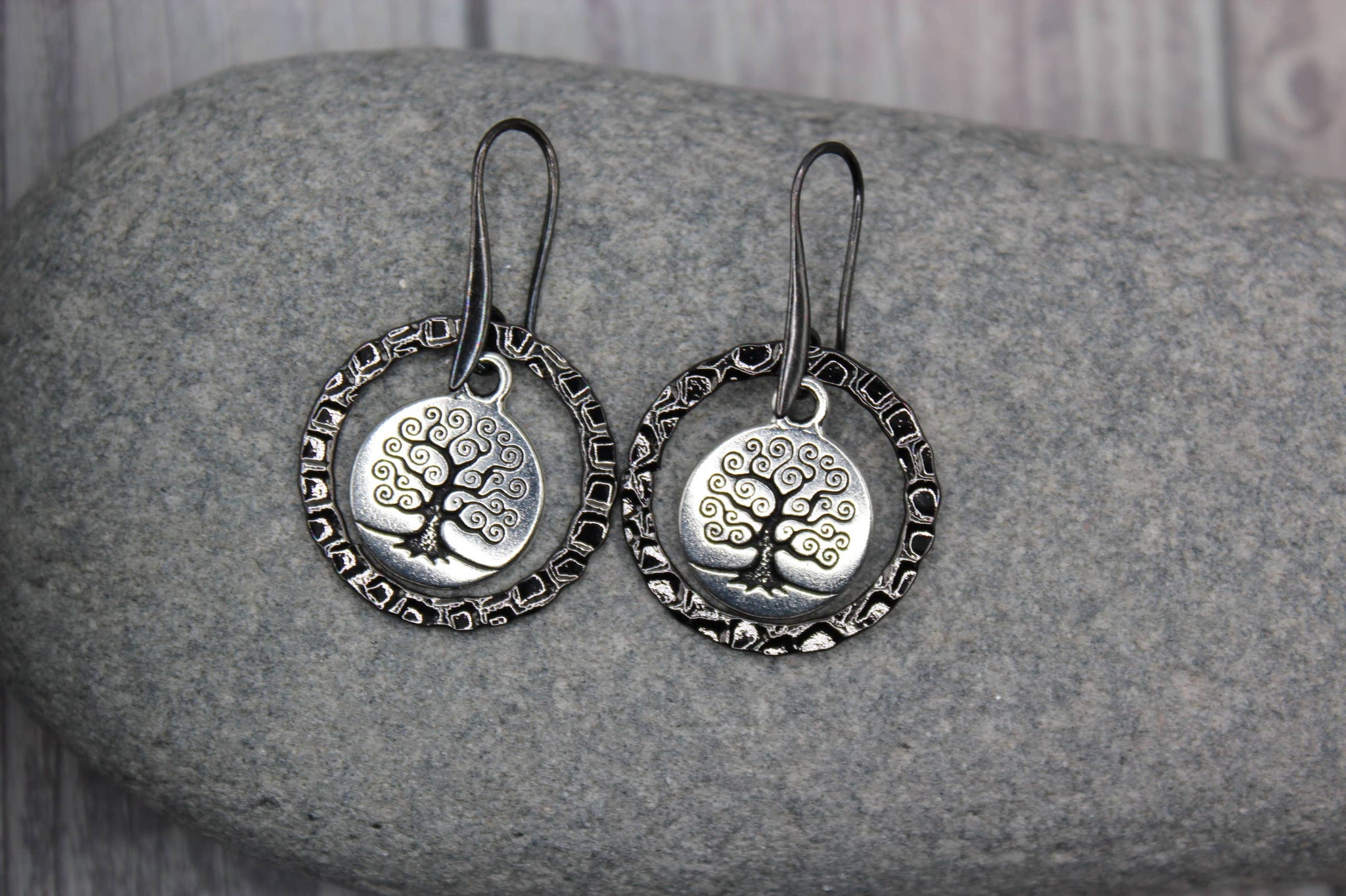 Earrings - Silver Tree of Life with Gunmetal Frame - Strength