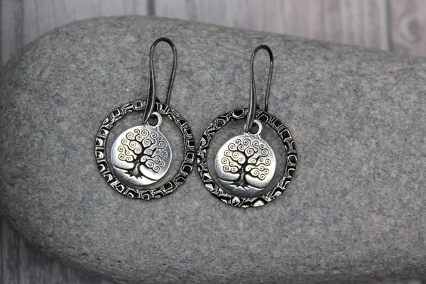 Earrings - Silver Tree of Life with Gunmetal Frame - Strength