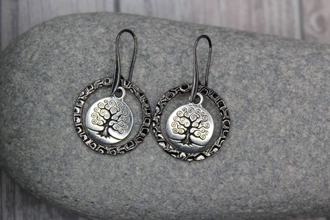 Earrings - Silver Tree of Life with Gunmetal Frame - Strength