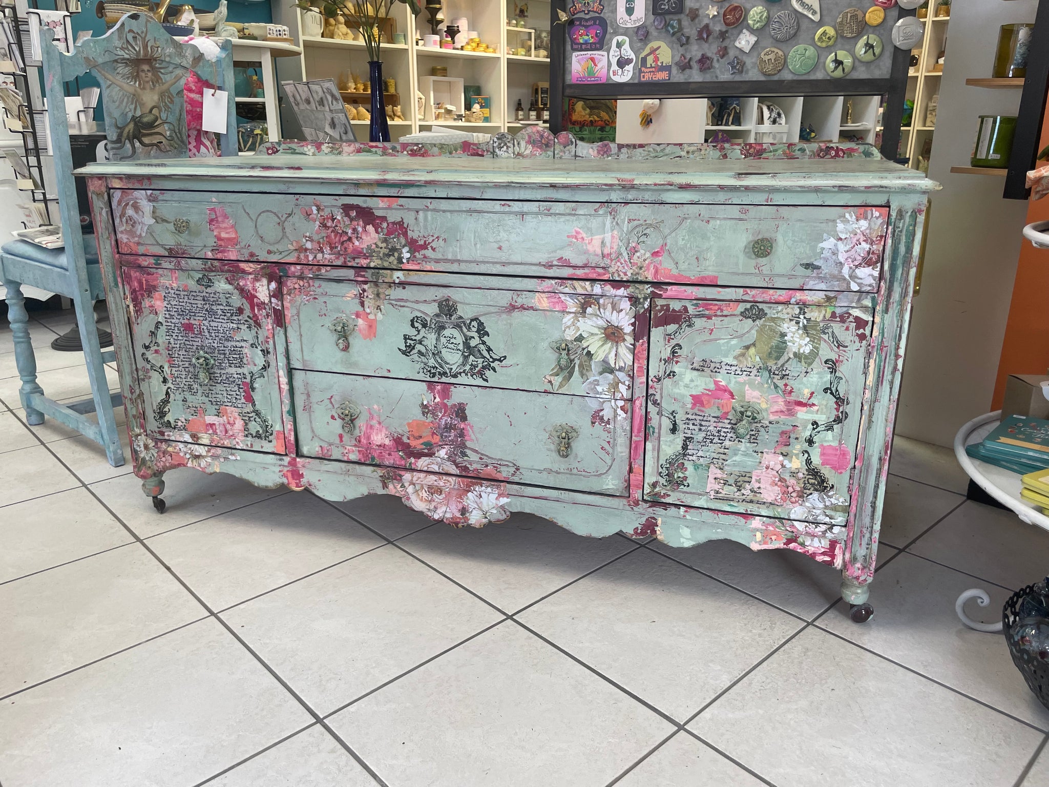 Spring Flowery Bench on wheels - Painted by Tabitha St Germain