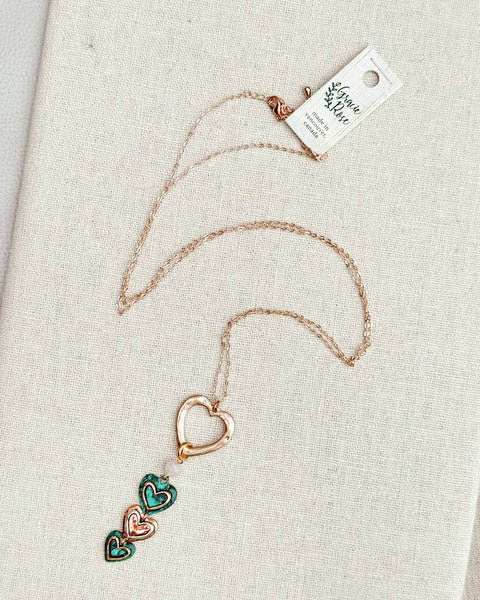 Romantic Love Hearts Patina Mix Rose Quartz Long Necklace