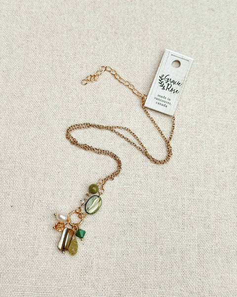 Green Garnet & Pearl Cluster Necklace