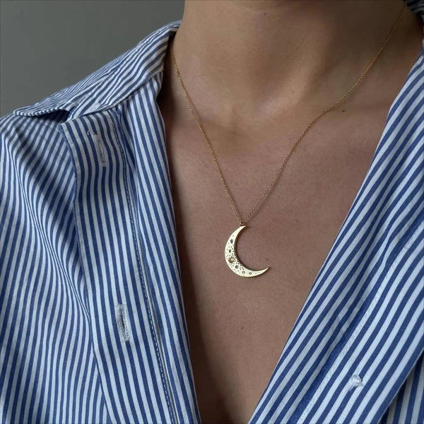 Moon Crescent Necklace- Steel 14K Gold Engraved