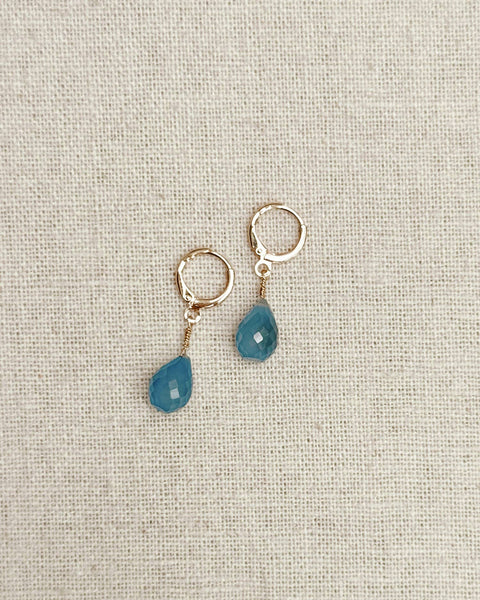 Blue Chalcedony Teardrop Stone Gold Hoop Huggie Earrings