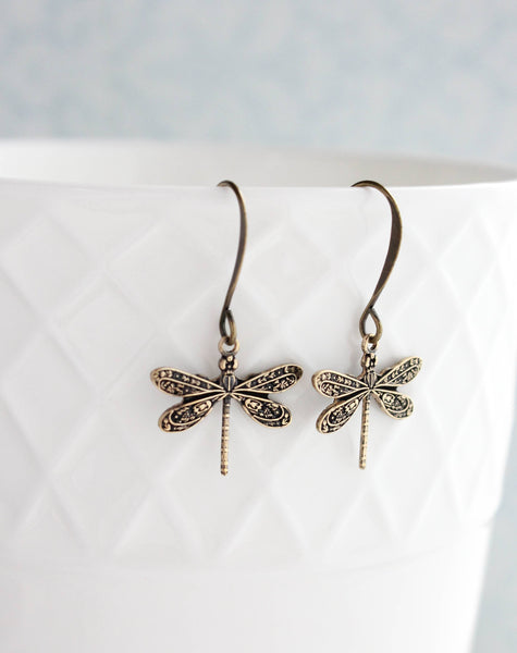 Earrings - Little Antiqued Gold Dragonfly