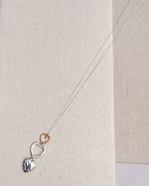 Two Tone Triple Heart Locket Pendant Layering Necklace