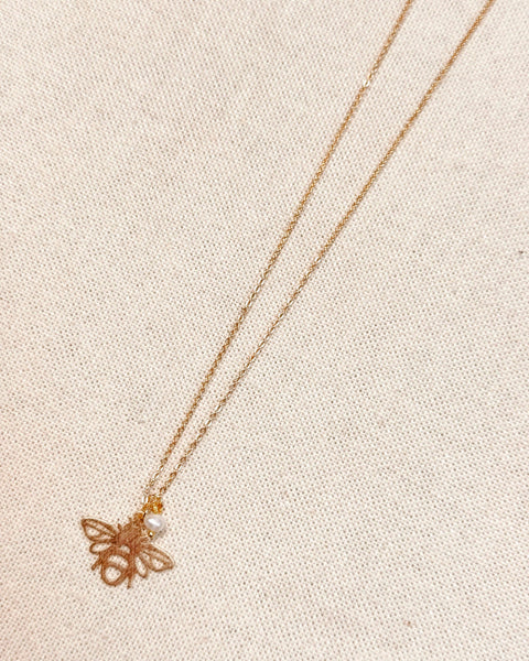 Textured Brass Bee Gold Charm Necklace