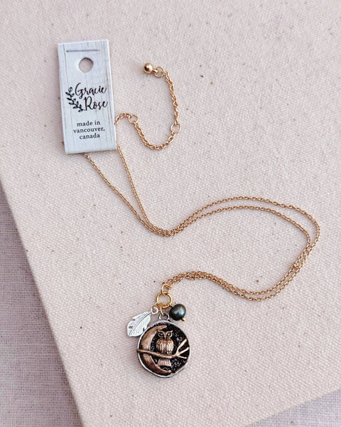 Owl and Moon Pearl Talisman Charm Necklace