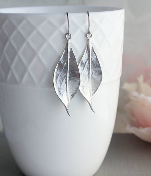 Earrings - Long Curled Leaf - Matte Silver