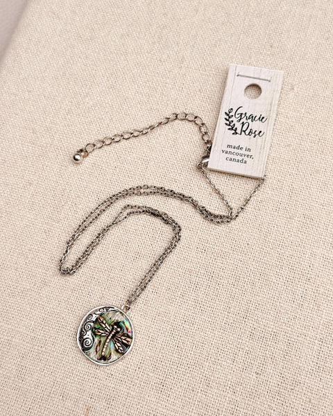 Dragonfly Abalone Charm Talisman Medallion Necklace