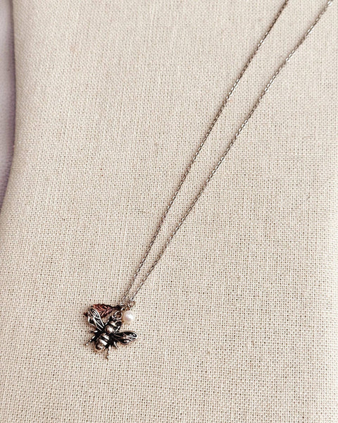 Antique Silver Bee Necklace Pearl Leaf Charm