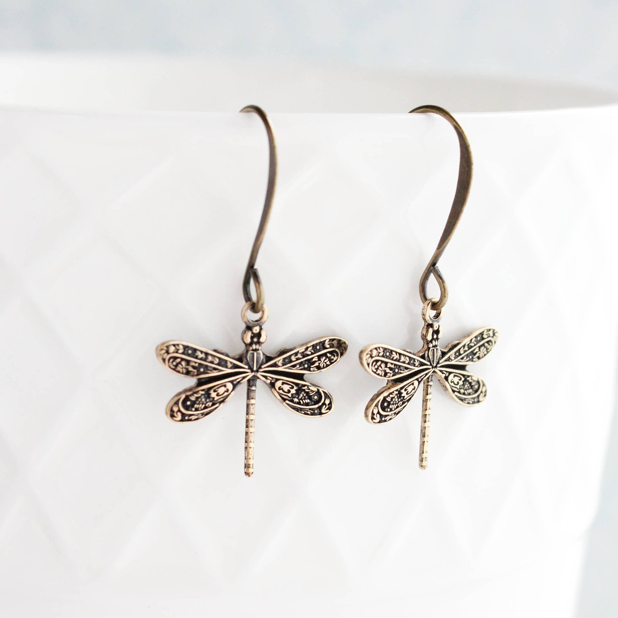 Earrings - Little Antiqued Gold Dragonfly