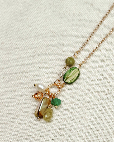 Green Garnet & Pearl Cluster Necklace