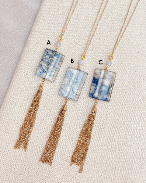 Blue Quartz Rectangle Tassel Necklace – Long Chain: B