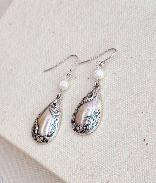 Silver Ornate Teardrop Earrings with Freshwater Pearl