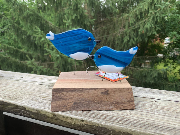 Figurine - Double Birds on Wood: Blue Yellow and White