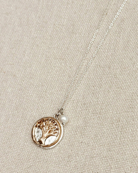 Two Tone Tree of Life Talisman Necklace with Pearl