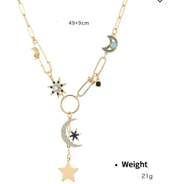 Celestial Collection- Moon and stars PaperClip Necklace: Evil Eye Drop