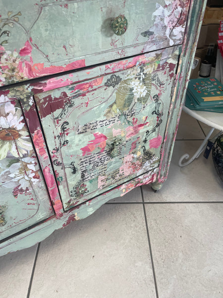 Spring Flowery Bench on wheels - Painted by Tabitha St Germain