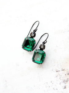 Earrings - Vintage Glass Jewels - Emerald  Green