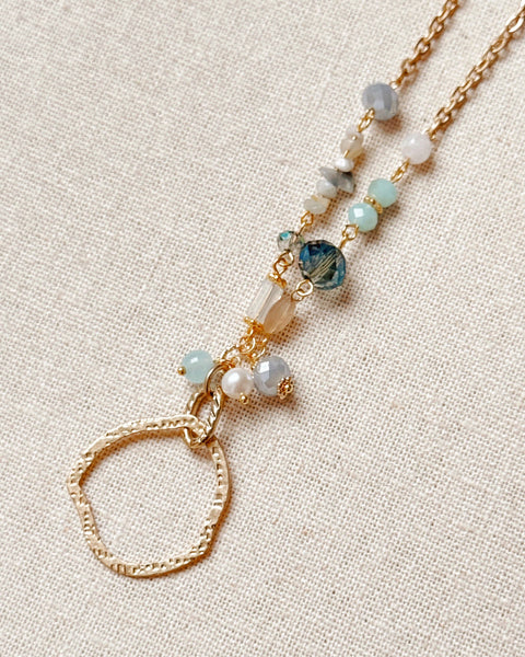 Gold Pearl & Blue Mixed Stone Circle Necklace