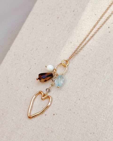 Gold Chalcedony Aquamarine Heart Charm Necklace