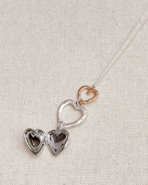 Two Tone Triple Heart Locket Pendant Layering Necklace