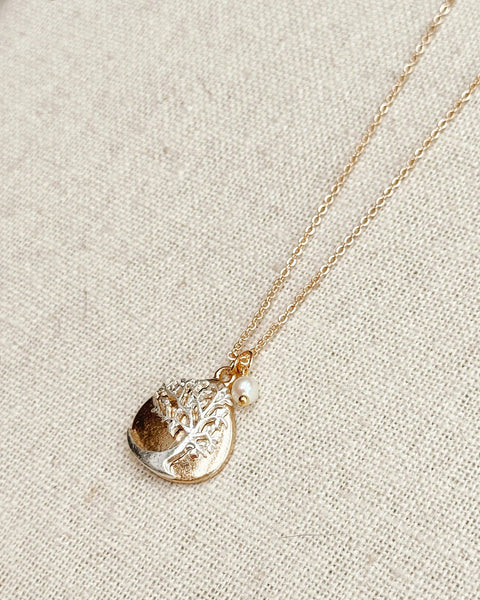 Gold Tree of Life Pearl Charm Necklace
