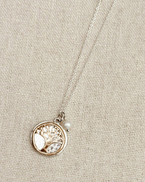 Two Tone Tree of Life Talisman Necklace with Pearl